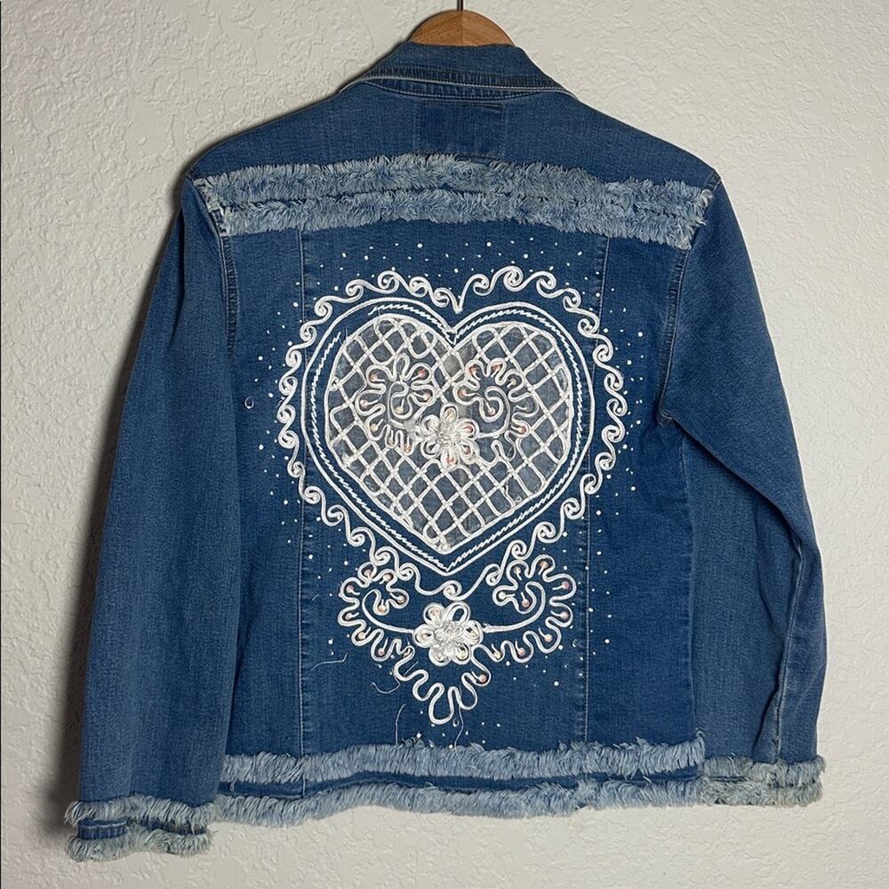 90s Denim Jean Jacket Embellished Heart Design White Fringe 90s Pockets